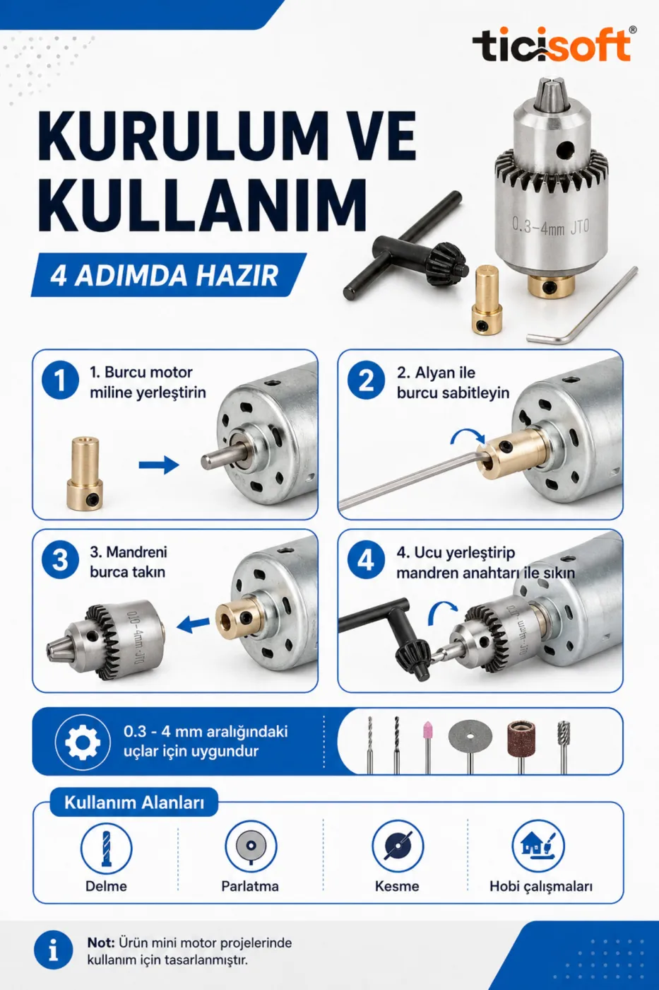 Mini Mandren Seti 0.3-4 mm Sıkma Aralığı 3.17 mm Mil Uyumlu El Sıkmalı Motor Mandreni Hobi Proje İçin