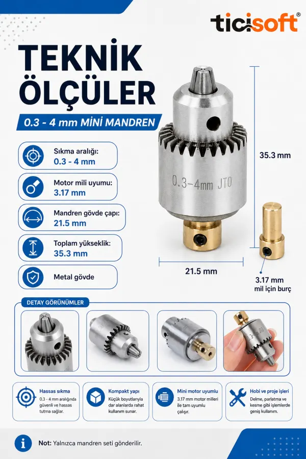 Mini Mandren Seti 0.3-4 mm Sıkma Aralığı 3.17 mm Mil Uyumlu El Sıkmalı Motor Mandreni Hobi Proje İçin