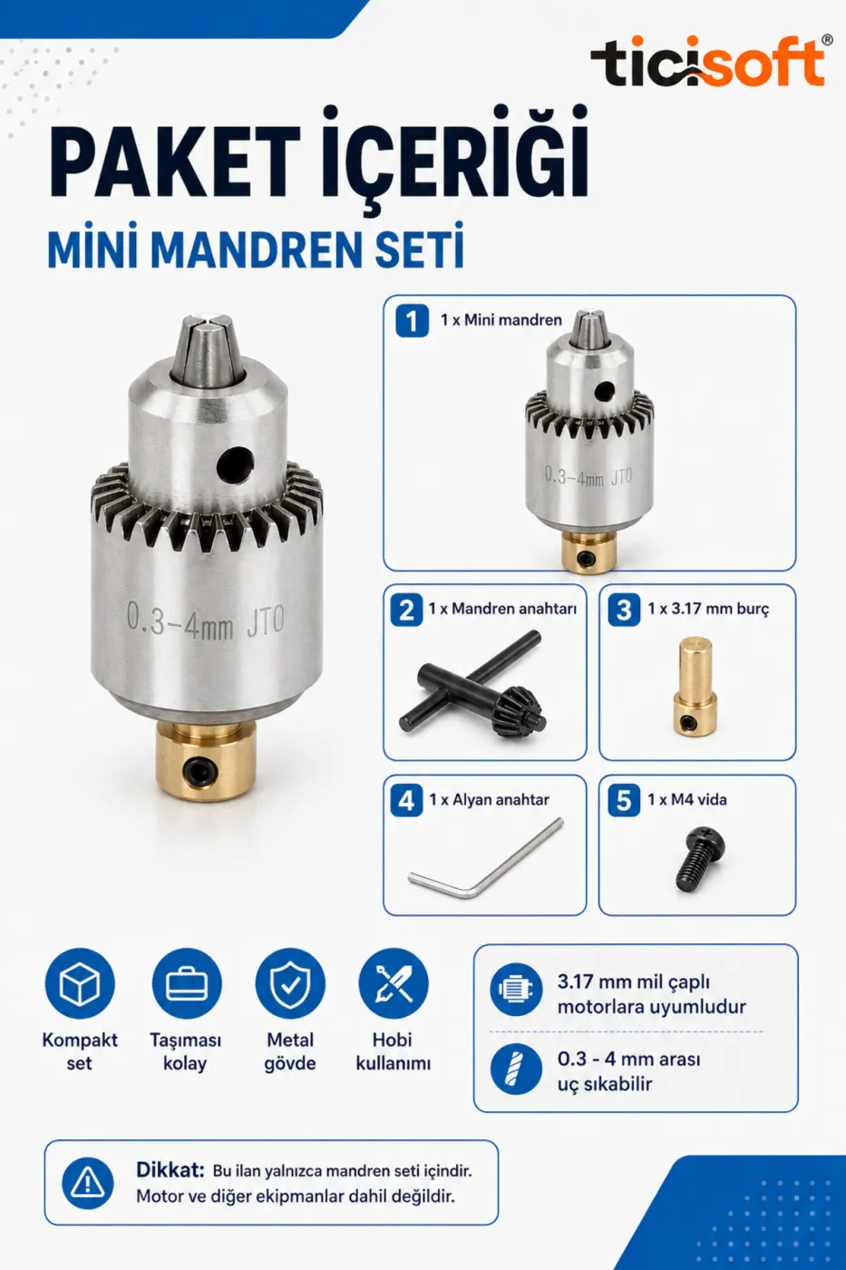 Mini Mandren Seti 0.3-4 mm Sıkma Aralığı 3.17 mm Mil Uyumlu El Sıkmalı Motor Mandreni Hobi Proje İçin
