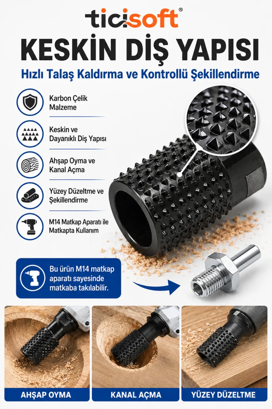 M14 Silindir Ahşap Oyma Raspası + Matkap Adaptörü Avuç Taşlama Spiral Matkap Uyumlu Karbon Çelik Raspalama Şekillendirme Ucu