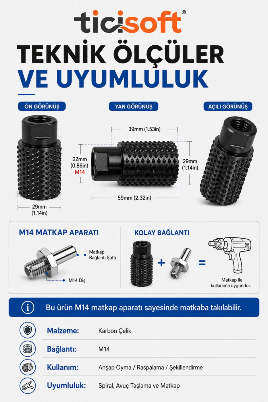 M14 Silindir Ahşap Oyma Raspası + Matkap Adaptörü Avuç Taşlama Spiral Matkap Uyumlu Karbon Çelik Raspalama Şekillendirme Ucu