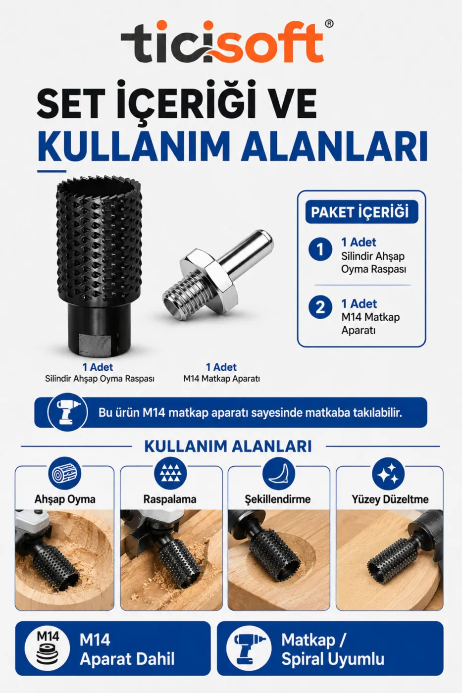 M14 Silindir Ahşap Oyma Raspası + Matkap Adaptörü Avuç Taşlama Spiral Matkap Uyumlu Karbon Çelik Raspalama Şekillendirme Ucu