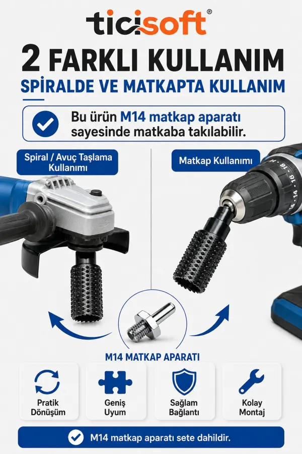 M14 Silindir Ahşap Oyma Raspası + Matkap Adaptörü Avuç Taşlama Spiral Matkap Uyumlu Karbon Çelik Raspalama Şekillendirme Ucu