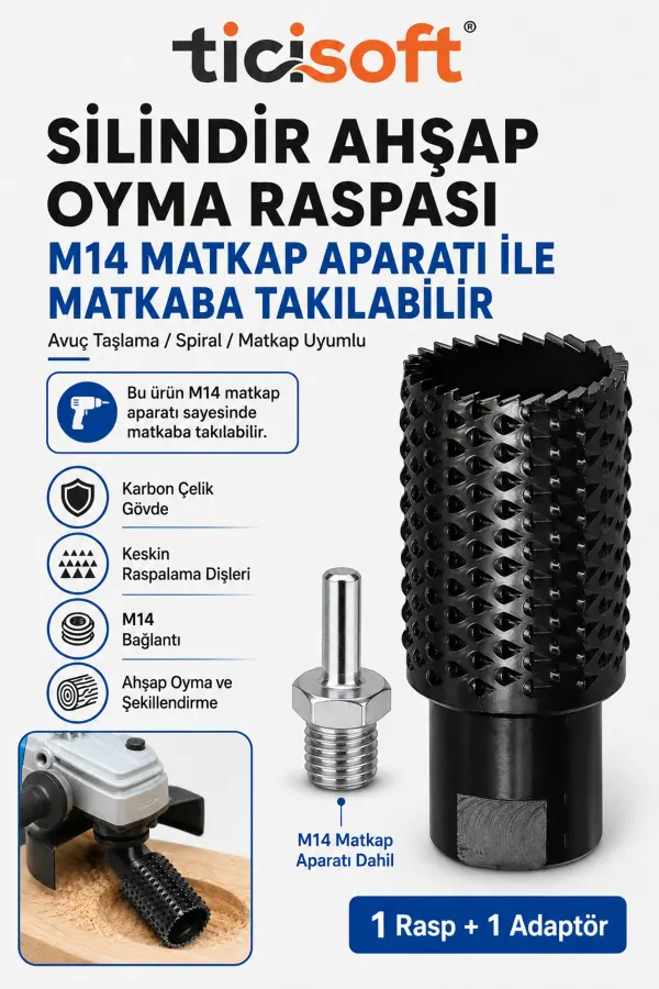 M14 Silindir Ahşap Oyma Raspası + Matkap Adaptörü Avuç Taşlama Spiral Matkap Uyumlu Karbon Çelik Raspalama Şekillendirme Ucu