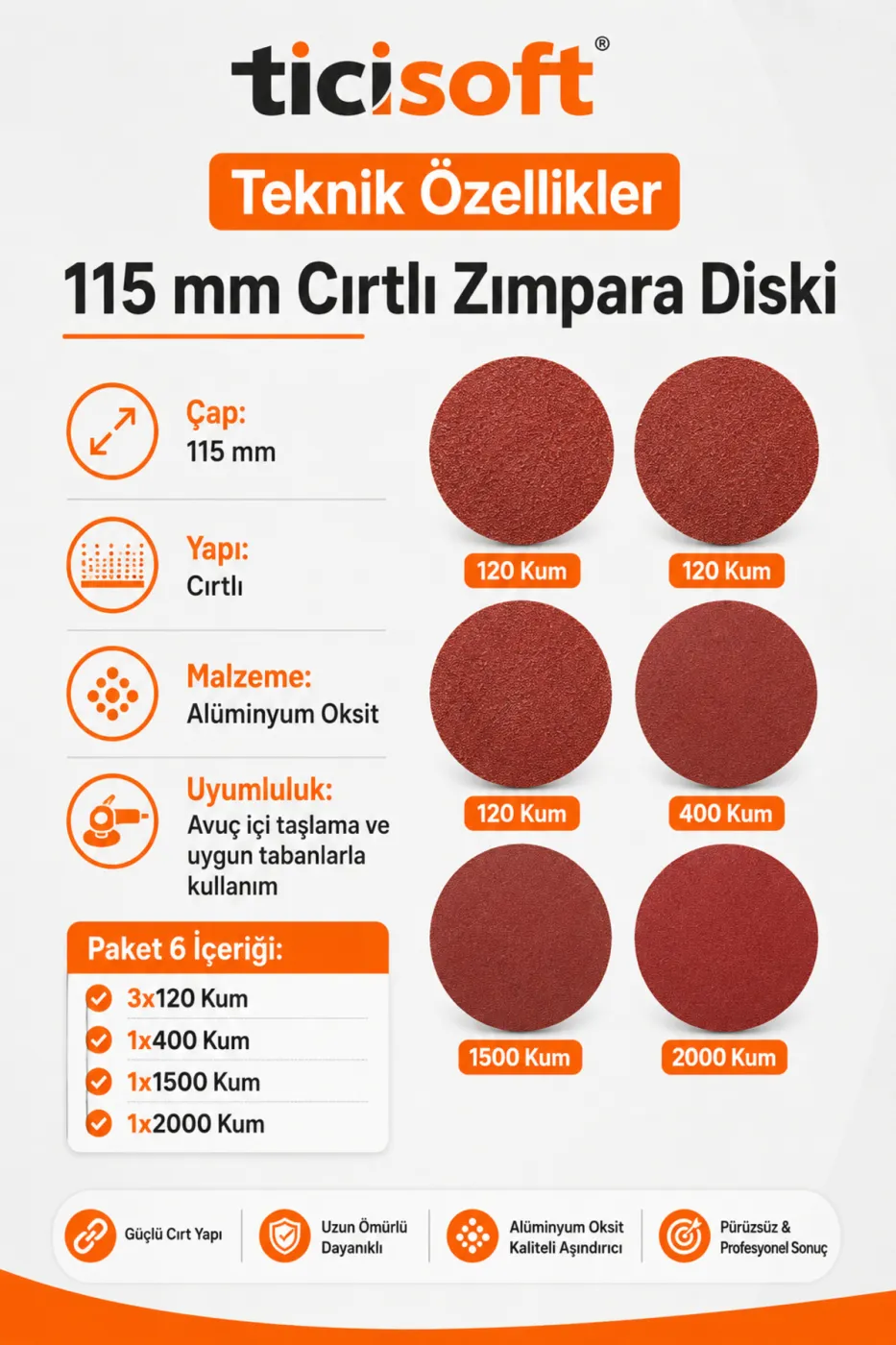 115 mm Cırt Zımpara Kağıdı 6 Parça Karma Paket 120-400-1500-2000 Kum Avuç Taşlama Uyumlu
