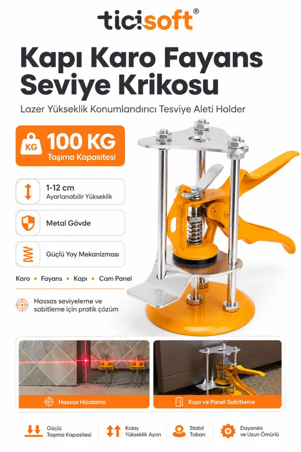 Kapı Karo Fayans Seviye Krikosu 100 Kg Taşıma Kapasiteli 1-12 cm Ayarlı Yükseklik Konumlandırıcı Tesviye Sabitleme Aleti