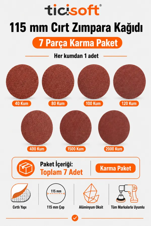 115 mm Cırt Zımpara Kağıdı 7 Parça Karma Paket 40-80-100-120-400-1500-2000 Kum
