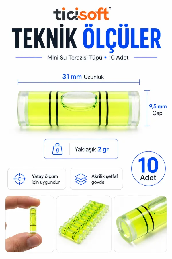 Mini Su Terazisi Kapsülü 10 Adet 31x9,5 mm Yatay Ölçüm Bubble Level Tüpü TV Askı Raf Montaj Proje