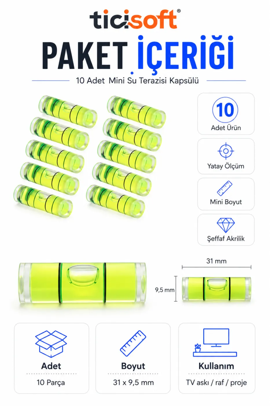 Mini Su Terazisi Kapsülü 10 Adet 31x9,5 mm Yatay Ölçüm Bubble Level Tüpü TV Askı Raf Montaj Proje
