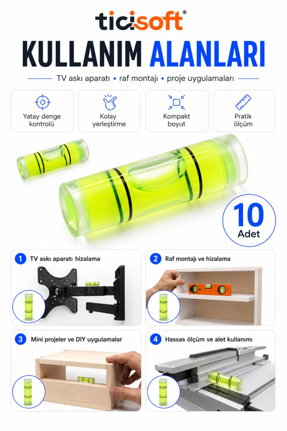 Mini Su Terazisi Kapsülü 10 Adet 31x9,5 mm Yatay Ölçüm Bubble Level Tüpü TV Askı Raf Montaj Proje