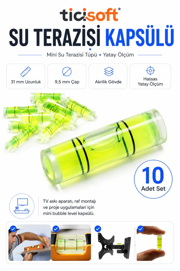 Mini Su Terazisi Kapsülü 10 Adet 31x9,5 mm Yatay Ölçüm Bubble Level Tüpü TV Askı Raf Montaj Proje