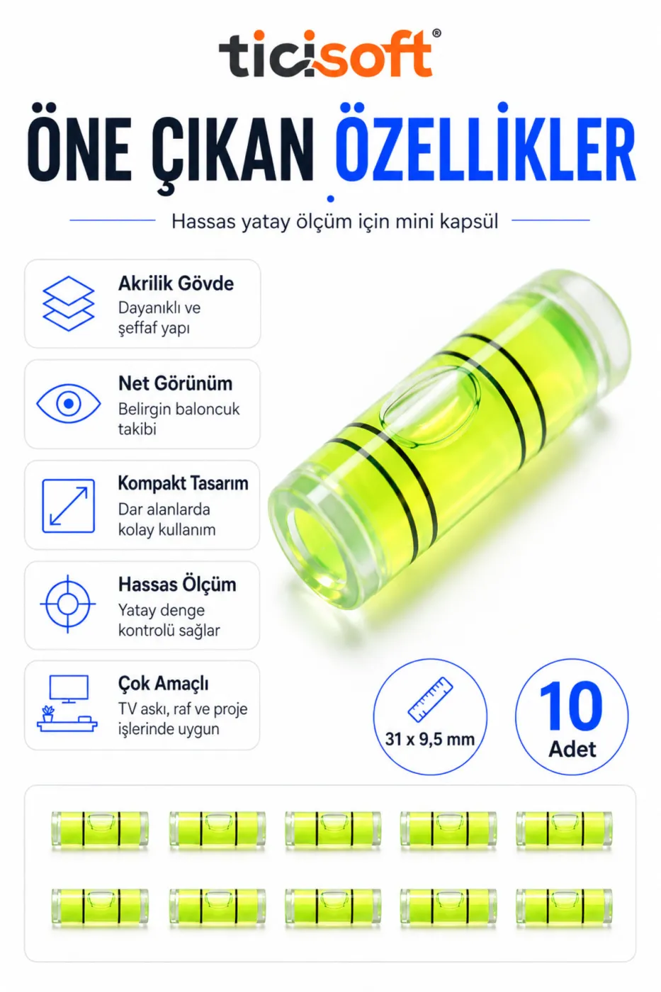 Mini Su Terazisi Kapsülü 10 Adet 31x9,5 mm Yatay Ölçüm Bubble Level Tüpü TV Askı Raf Montaj Proje