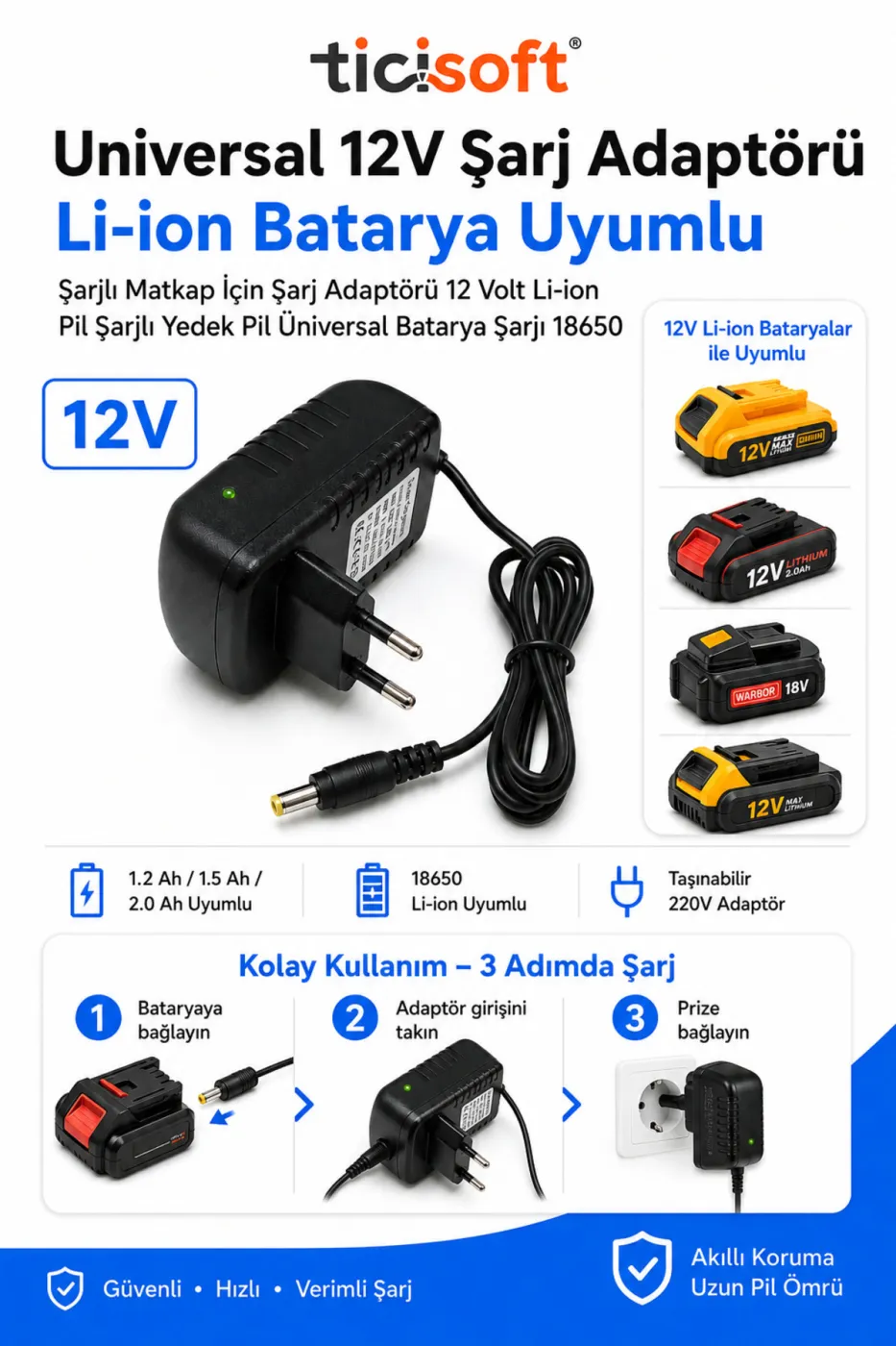 12V Li-ion Şarj Adaptörü Şarjlı Matkap Batarya Şarj Cihazı 18650 Uyumlu 1.2Ah 1.5Ah 2.0Ah LED Göstergeli