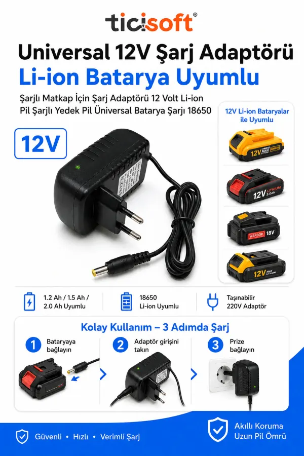12V Li-ion Şarj Adaptörü Şarjlı Matkap Batarya Şarj Cihazı 18650 Uyumlu 1.2Ah 1.5Ah 2.0Ah LED Göstergeli