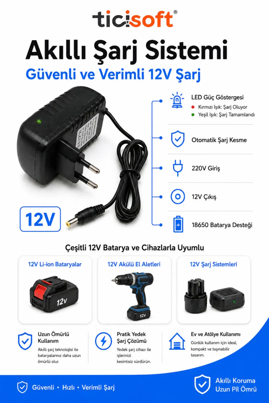 12V Li-ion Şarj Adaptörü Şarjlı Matkap Batarya Şarj Cihazı 18650 Uyumlu 1.2Ah 1.5Ah 2.0Ah LED Göstergeli