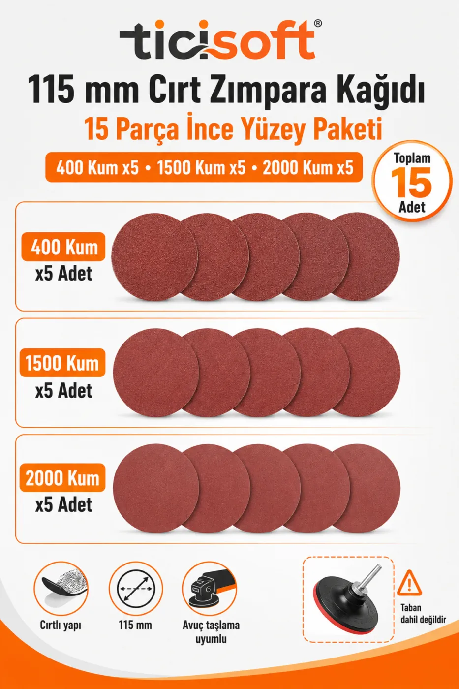 115 mm Cırt Zımpara Kağıdı 15 Parça Karma Paket 400-1500-2000 Kum Avuç Taşlama Uyumlu
