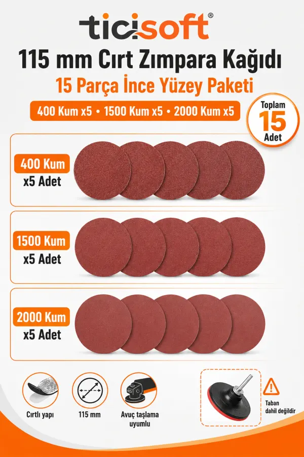 115 mm Cırt Zımpara Kağıdı 15 Parça Karma Paket 400-1500-2000 Kum Avuç Taşlama Uyumlu