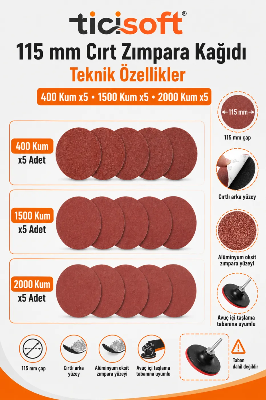 115 mm Cırt Zımpara Kağıdı 15 Parça Karma Paket 400-1500-2000 Kum Avuç Taşlama Uyumlu