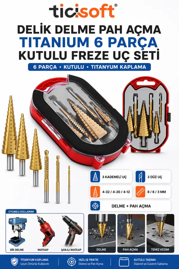 6 Parça Titanyum Kademeli Matkap Ucu Seti 4-32 / 4-20 / 4-12 mm Delik Delme Pah Açma Freze Uç Seti Kutulu