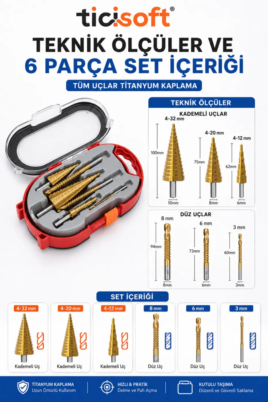 6 Parça Titanyum Kademeli Matkap Ucu Seti 4-32 / 4-20 / 4-12 mm Delik Delme Pah Açma Freze Uç Seti Kutulu
