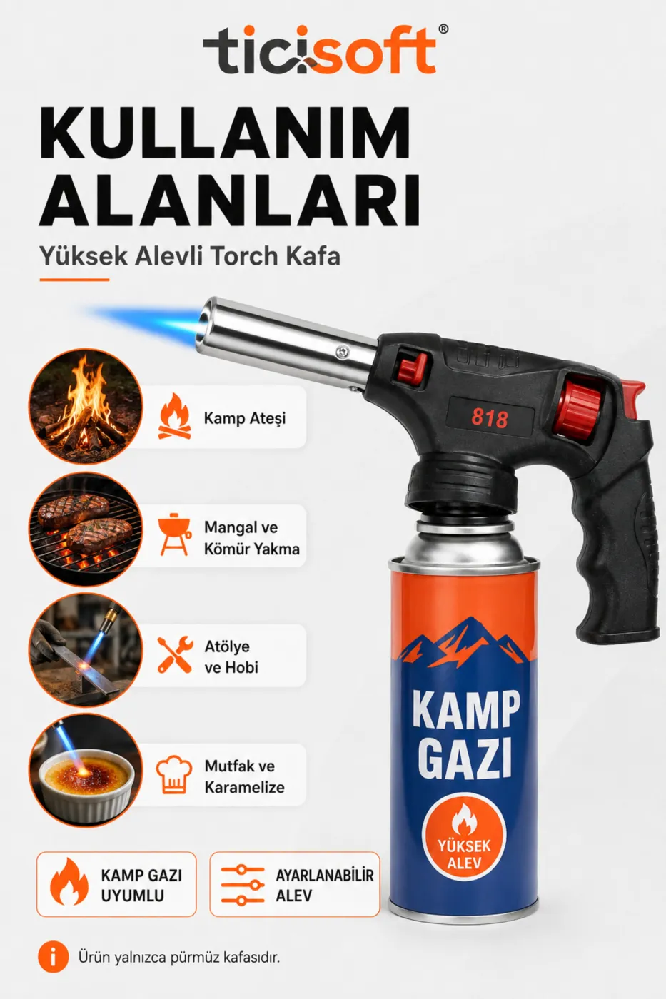 Tabanca Pürmüz Kafası 1500°C Yüksek Alevli Ayarlanabilir Torch Kafa Kamp Gazı Uyumlu Piezo Ateşlemeli
