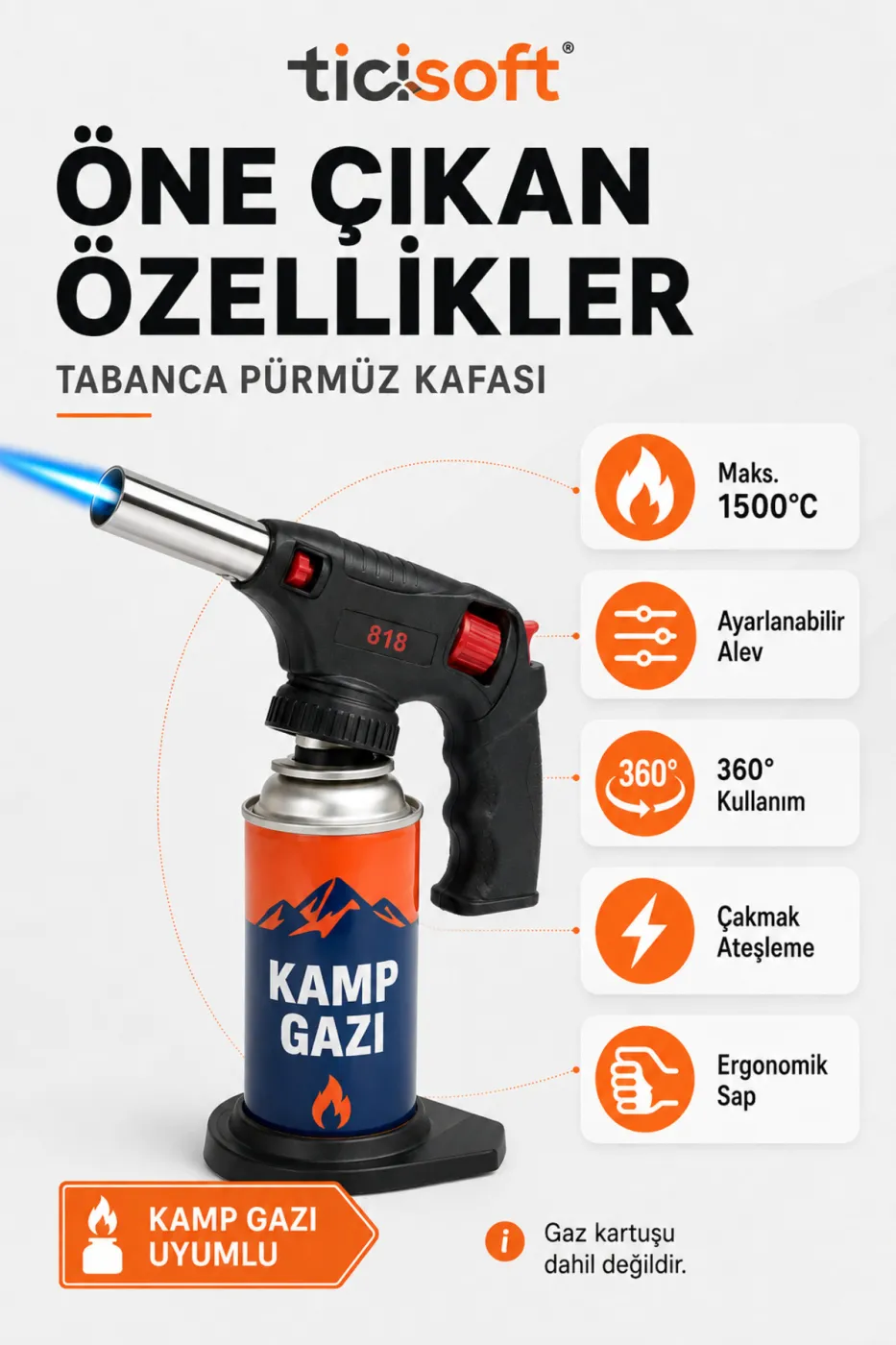 Tabanca Pürmüz Kafası 1500°C Yüksek Alevli Ayarlanabilir Torch Kafa Kamp Gazı Uyumlu Piezo Ateşlemeli