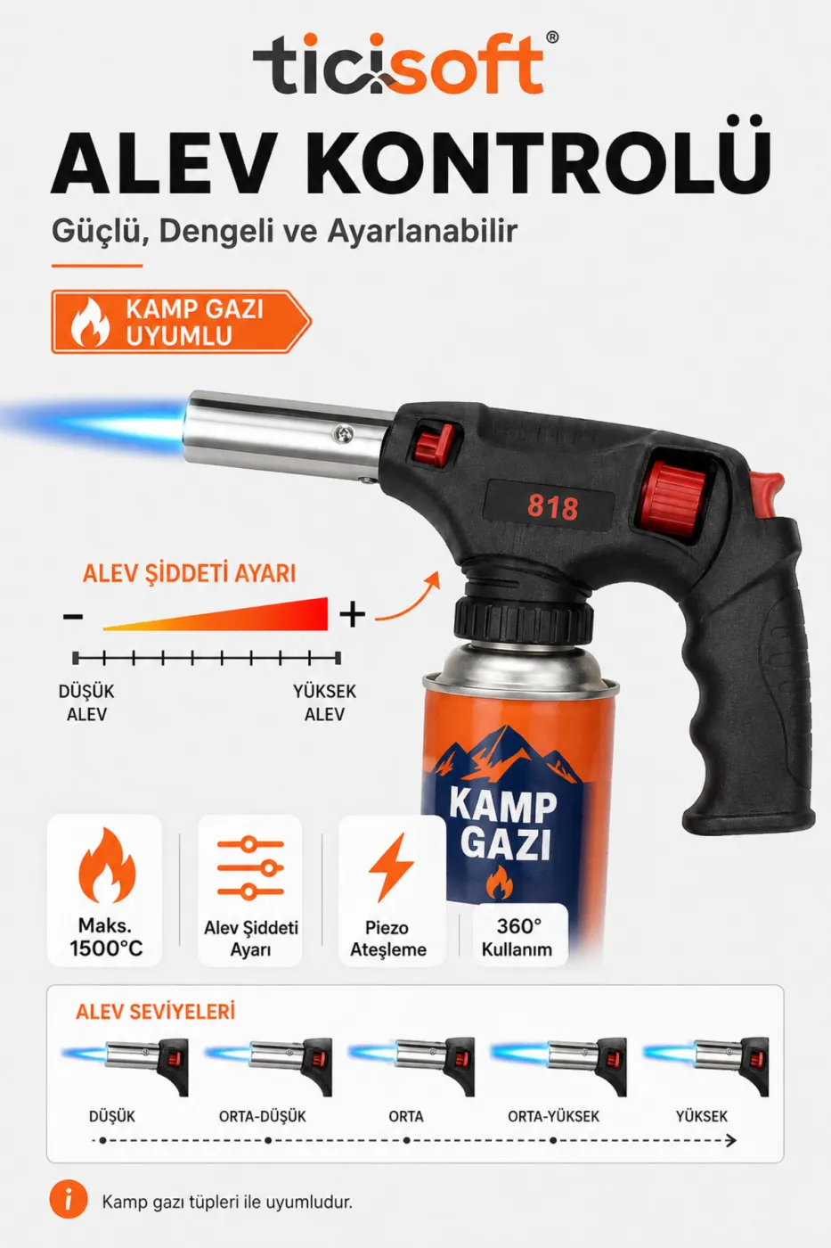 Tabanca Pürmüz Kafası 1500°C Yüksek Alevli Ayarlanabilir Torch Kafa Kamp Gazı Uyumlu Piezo Ateşlemeli