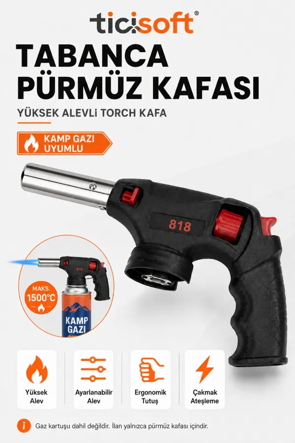 Tabanca Pürmüz Kafası 1500°C Yüksek Alevli Ayarlanabilir Torch Kafa Kamp Gazı Uyumlu Piezo Ateşlemeli
