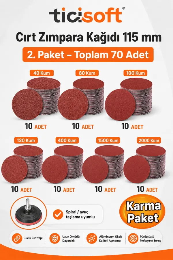115 mm Cırt Zımpara Kağıdı 70 Parça Karma Paket 40-80-100-120-400-1500-2000 Kum Avuç Taşlama Uyumlu