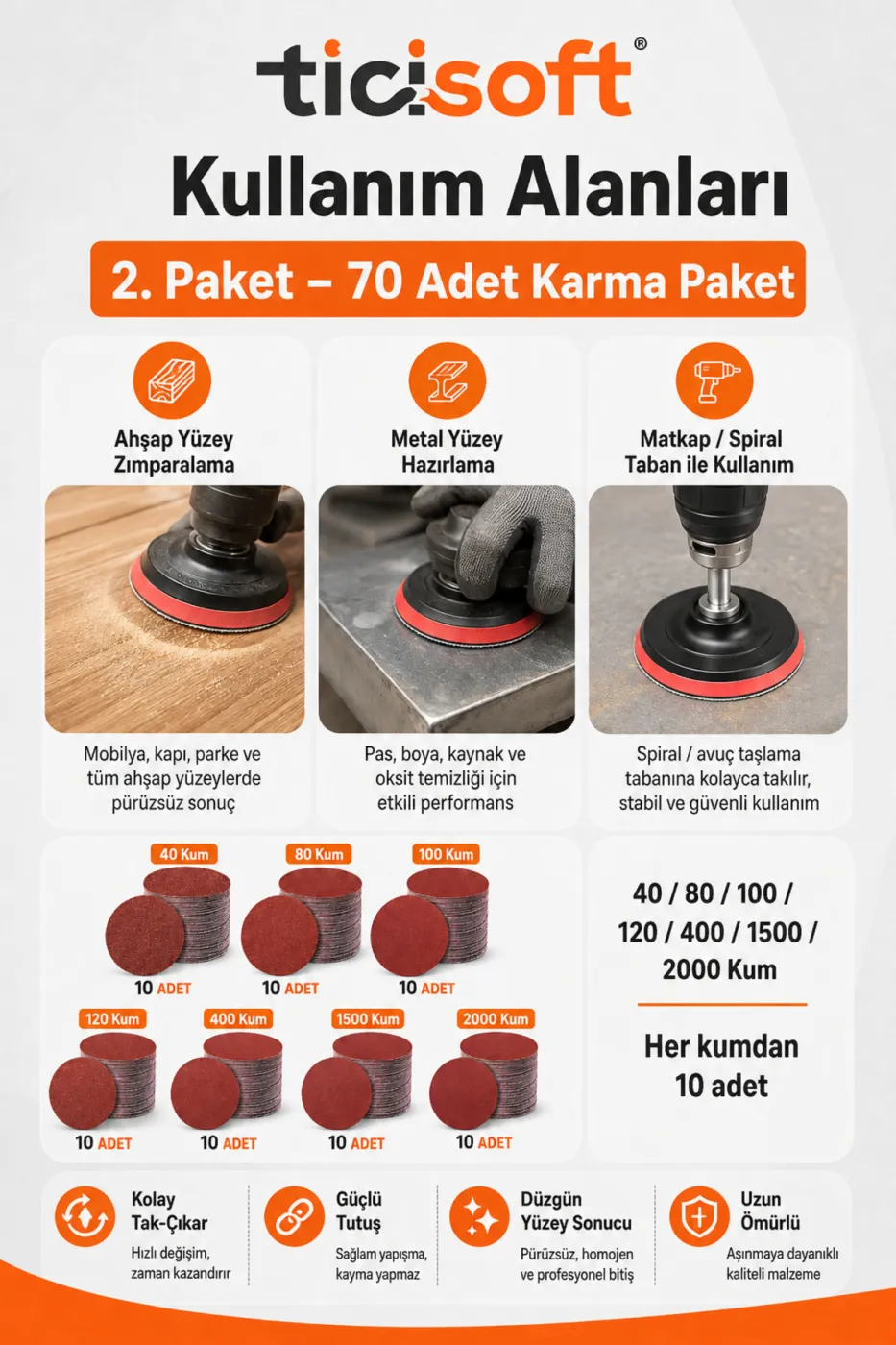 115 mm Cırt Zımpara Kağıdı 70 Parça Karma Paket 40-80-100-120-400-1500-2000 Kum Avuç Taşlama Uyumlu