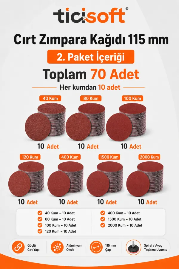 115 mm Cırt Zımpara Kağıdı 70 Parça Karma Paket 40-80-100-120-400-1500-2000 Kum Avuç Taşlama Uyumlu