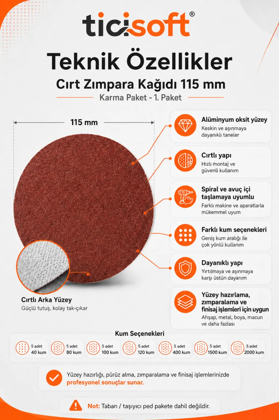 115 mm Cırt Zımpara Kağıdı 35 Parça Karma Paket 40-80-100-120-400-1500-2000 Kum