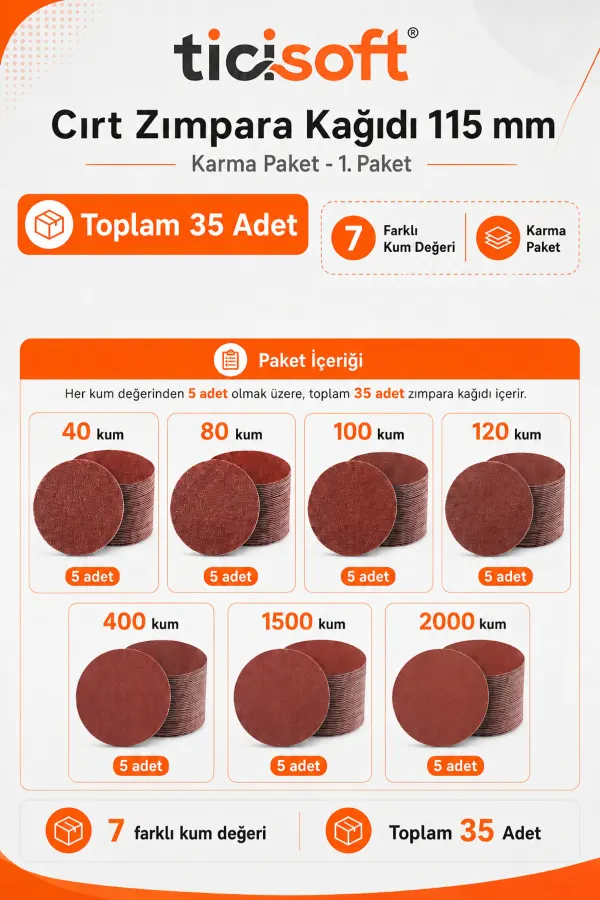115 mm Cırt Zımpara Kağıdı 35 Parça Karma Paket 40-80-100-120-400-1500-2000 Kum