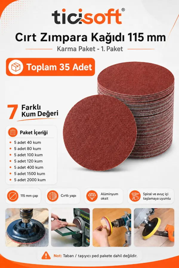 115 mm Cırt Zımpara Kağıdı 35 Parça Karma Paket 40-80-100-120-400-1500-2000 Kum
