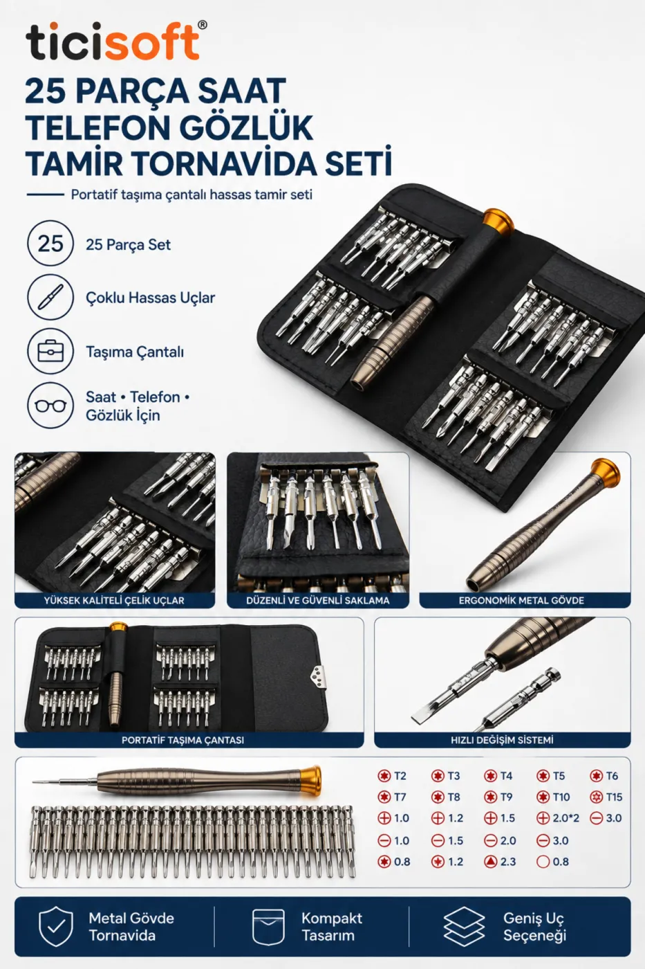25 Parça Hassas Tornavida Seti Saat Telefon Gözlük Tamir Seti T2-T3-T4-T5 Torx Yıldız Düz Özel Uçlu Taşıma Çantalı