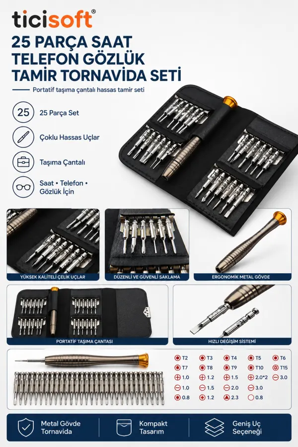 25 Parça Hassas Tornavida Seti Saat Telefon Gözlük Tamir Seti T2-T3-T4-T5 Torx Yıldız Düz Özel Uçlu Taşıma Çantalı