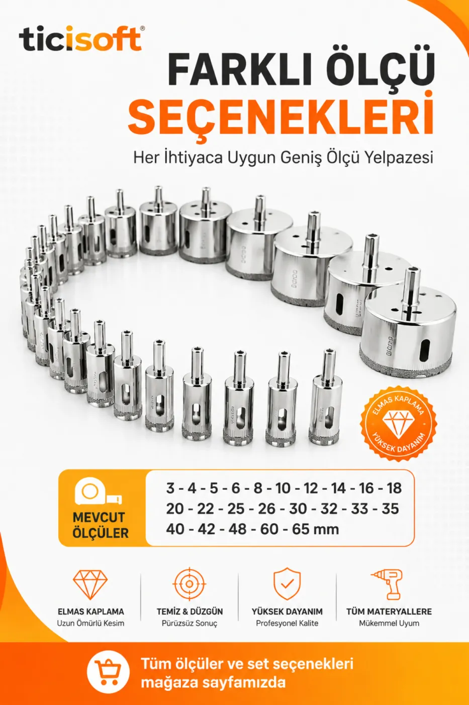 60 mm Elmas Kaplı Panç Delici Uç Cam Seramik Mermer Granit Delme Matkap Ucu