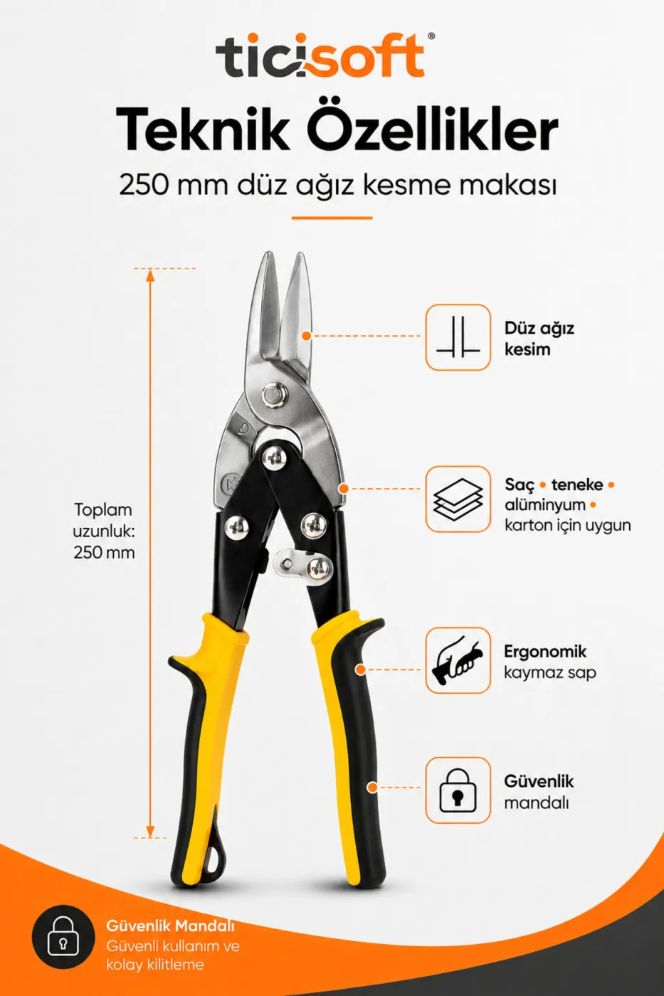 250 mm Düz Ağız Sac Kesme Makası Teneke Alüminyum Karton Kaportacı Metal Kesme Makası