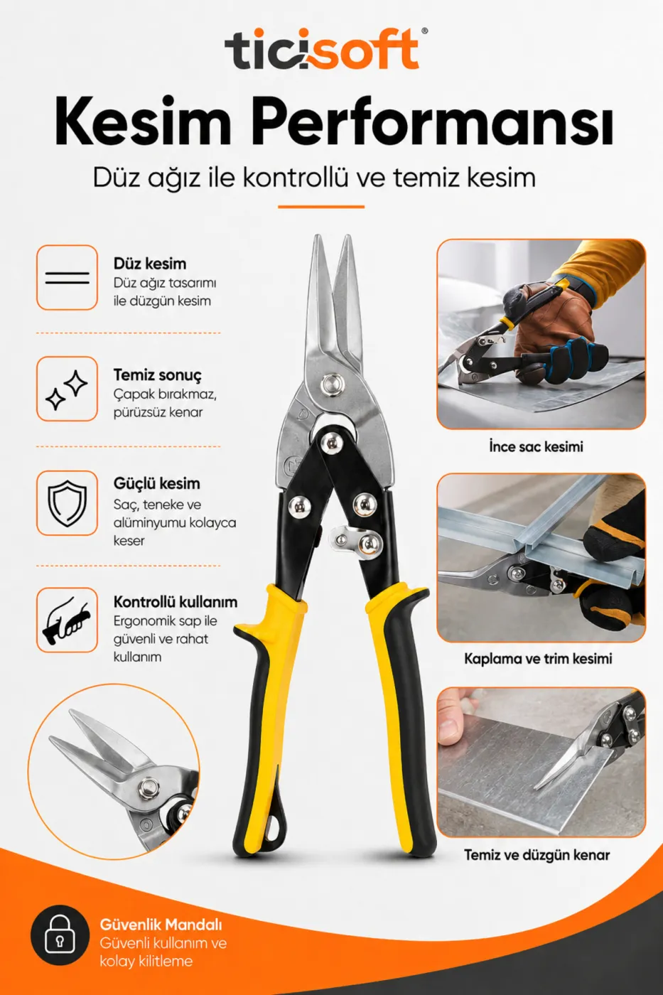250 mm Düz Ağız Sac Kesme Makası Teneke Alüminyum Karton Kaportacı Metal Kesme Makası