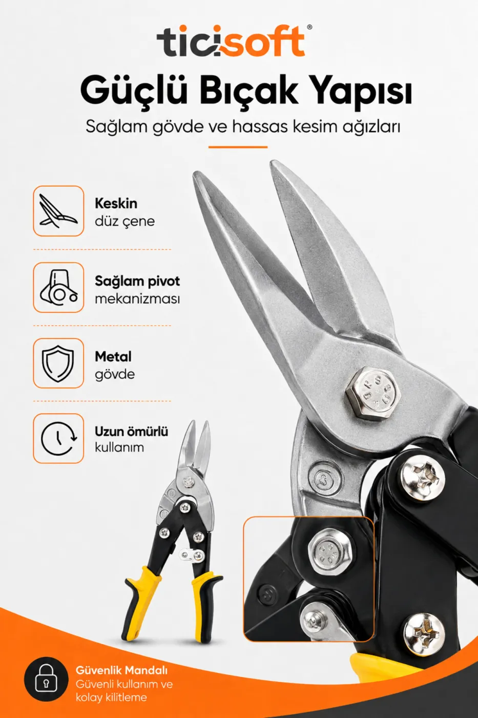 250 mm Düz Ağız Sac Kesme Makası Teneke Alüminyum Karton Kaportacı Metal Kesme Makası