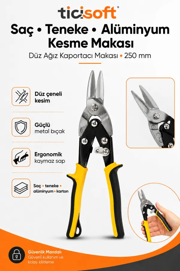 250 mm Düz Ağız Sac Kesme Makası Teneke Alüminyum Karton Kaportacı Metal Kesme Makası