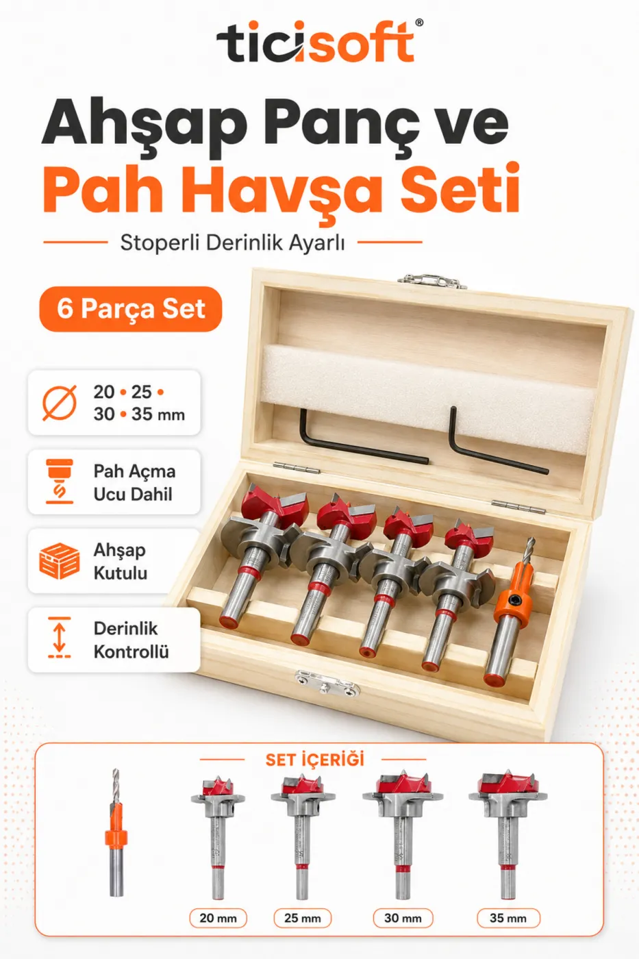 Ahşap Panç Pah Havşa Freze Ucu Seti 20-25-30-35 mm Stoperli Derinlik Ayarlı Ahşap Kutulu