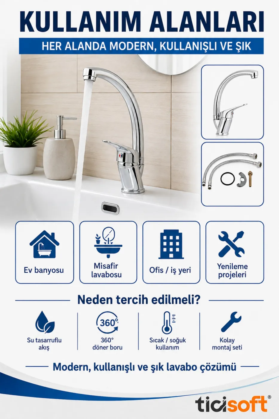 Lavabo Bataryası Sıcak Soğuk Su Musluğu 360° Döner Başlıklı Pirinç Gövde Krom Kaplama Su Tasarruflu