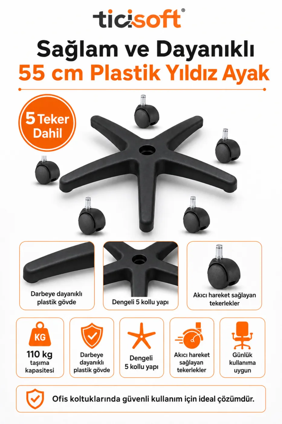Ofis Koltuğu Tekerlekli Yıldız Ayak 55 cm 5 Tekerli Üniversal Plastik Sandalye Ayağı 110 kg Taşıma Kapasiteli