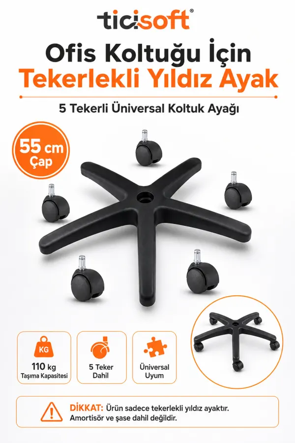 Ofis Koltuğu Tekerlekli Yıldız Ayak 55 cm 5 Tekerli Üniversal Plastik Sandalye Ayağı 110 kg Taşıma Kapasiteli