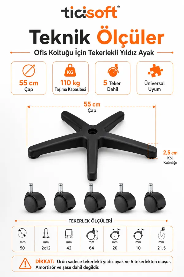 Ofis Koltuğu Tekerlekli Yıldız Ayak 55 cm 5 Tekerli Üniversal Plastik Sandalye Ayağı 110 kg Taşıma Kapasiteli