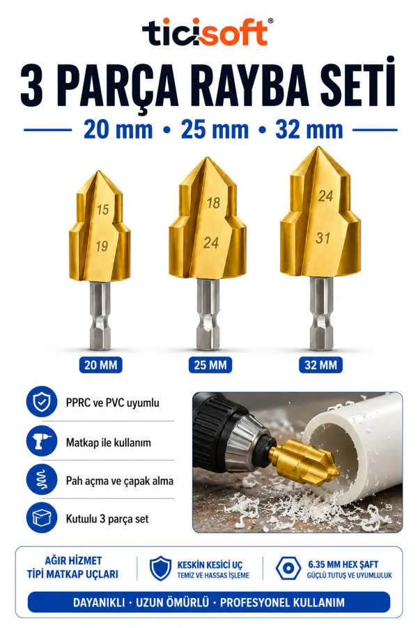 PVC PPRC Boru Raybası 3 Parça 20-25-32 mm Ağır Hizmet Tipi Matkap Ucu Havşa Pah Çapak Alma Seti