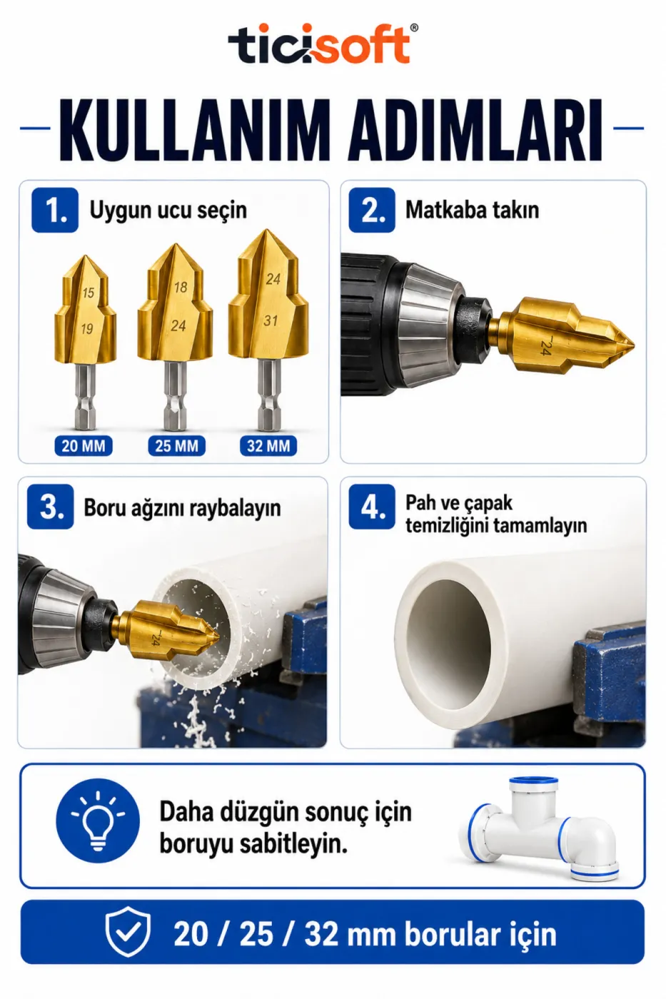PVC PPRC Boru Raybası 3 Parça 20-25-32 mm Ağır Hizmet Tipi Matkap Ucu Havşa Pah Çapak Alma Seti