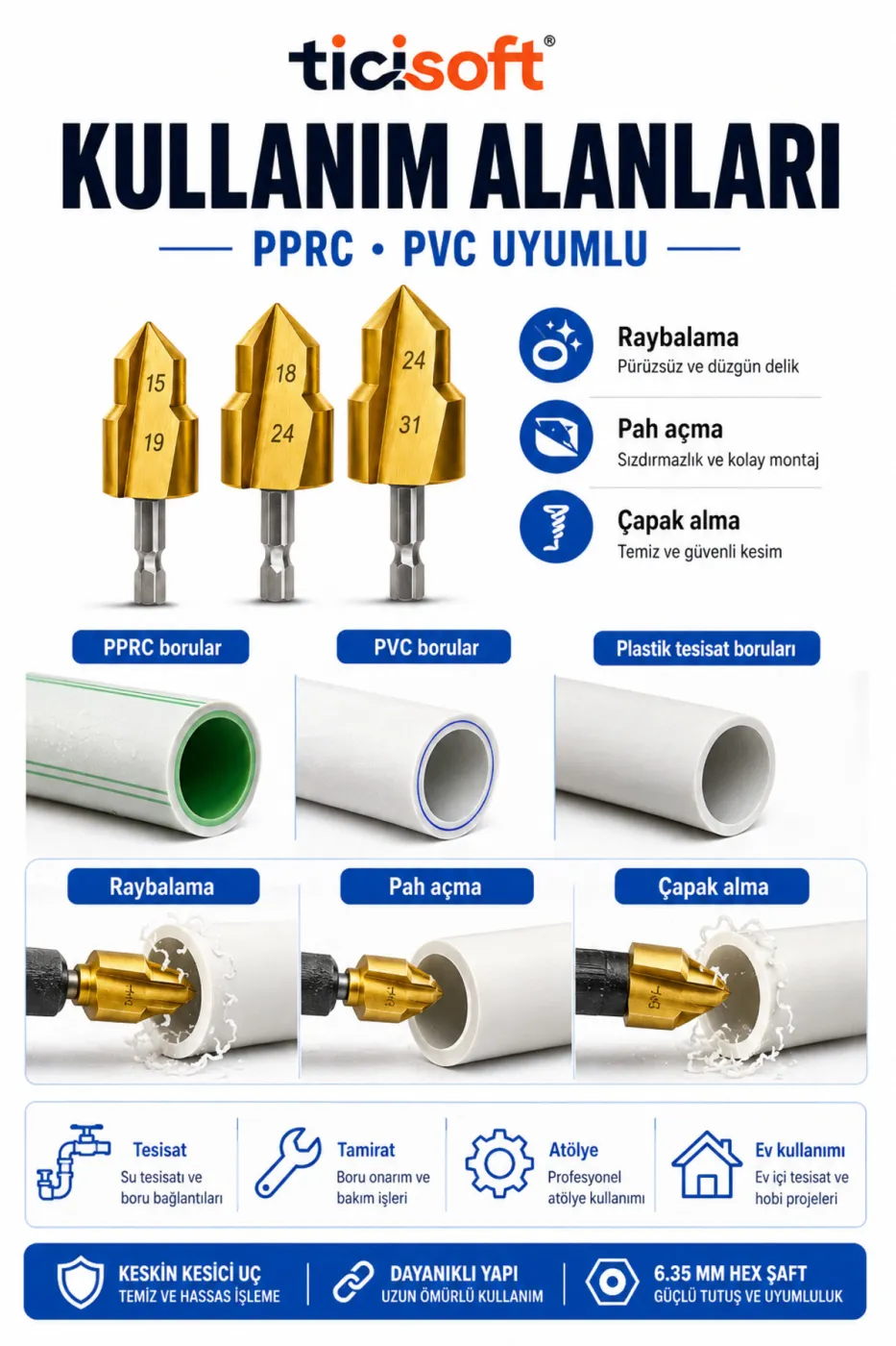 PVC PPRC Boru Raybası 3 Parça 20-25-32 mm Ağır Hizmet Tipi Matkap Ucu Havşa Pah Çapak Alma Seti