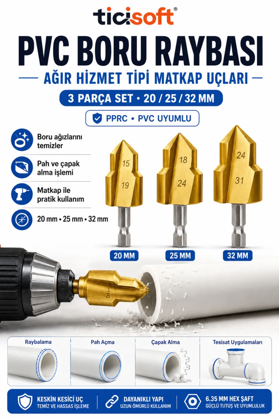 PVC PPRC Boru Raybası 3 Parça 20-25-32 mm Ağır Hizmet Tipi Matkap Ucu Havşa Pah Çapak Alma Seti